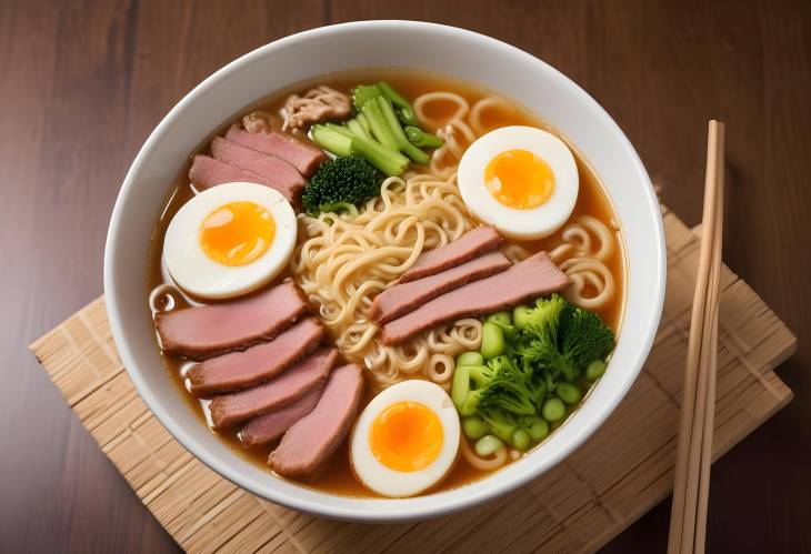 Hearty Japanese Ramen Noodle Soup with Savory Broth, Meat, Eggs, and Vegetables