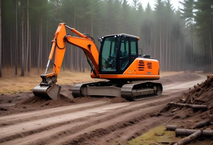 Heavy Excavator Clearing Forest for Development Orange Backhoe for Forestry Work and Road Constru