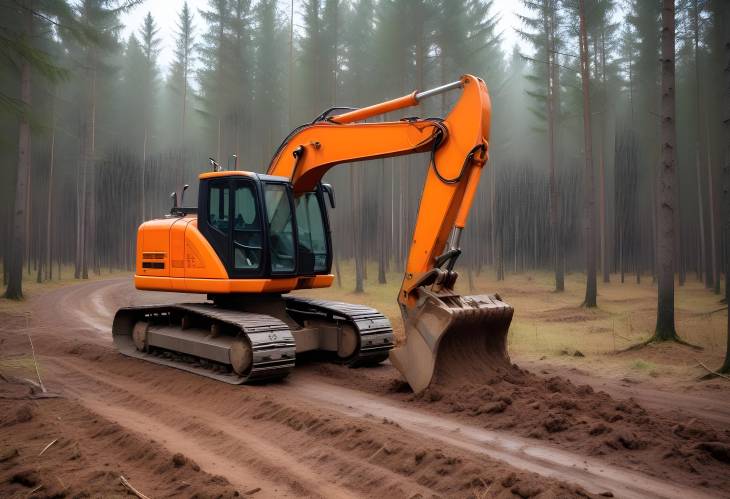 Heavy Excavator Clearing Forest Orange Backhoe for New Development, Logging, and Road Construction