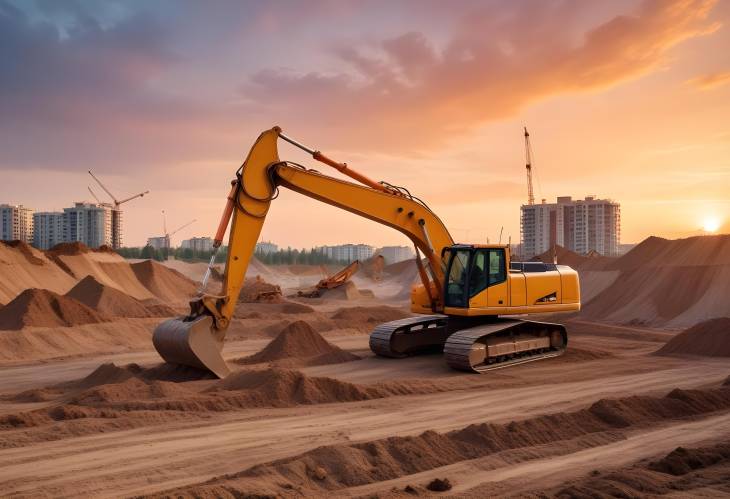 Heavy Machinery at Construction Site Excavator, Crane, and Loader Working Together on a Building P