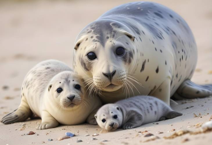 Helgoland Beach Scene Grey Seals and Kitten with Mother on SchleswigHolstein Shore, Germany