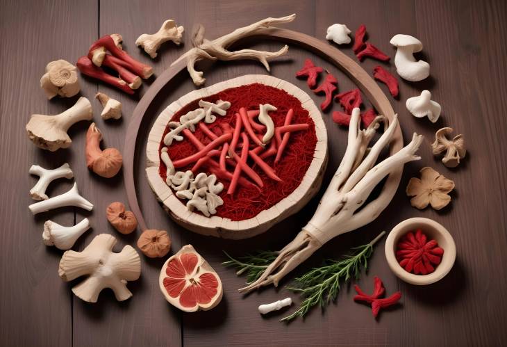 Herbal Medicine Scene with Red Ginseng and Dried Mushrooms on Wooden Table