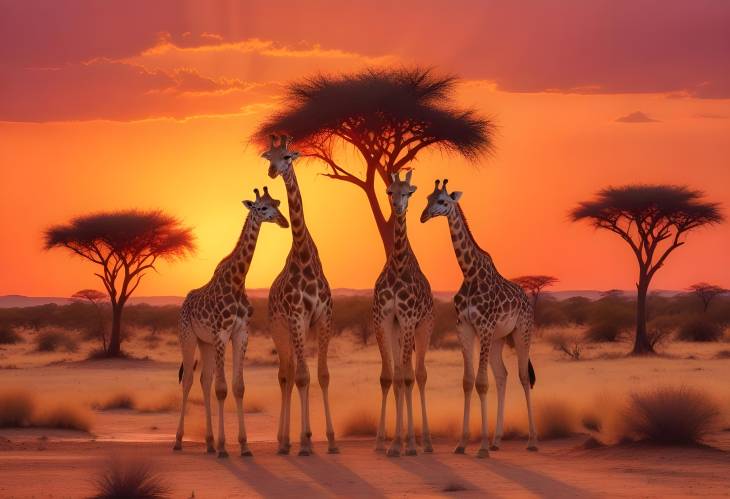 Herd of Giraffes in the Vast Kalahari Desert  Panoramic View of African Savanna