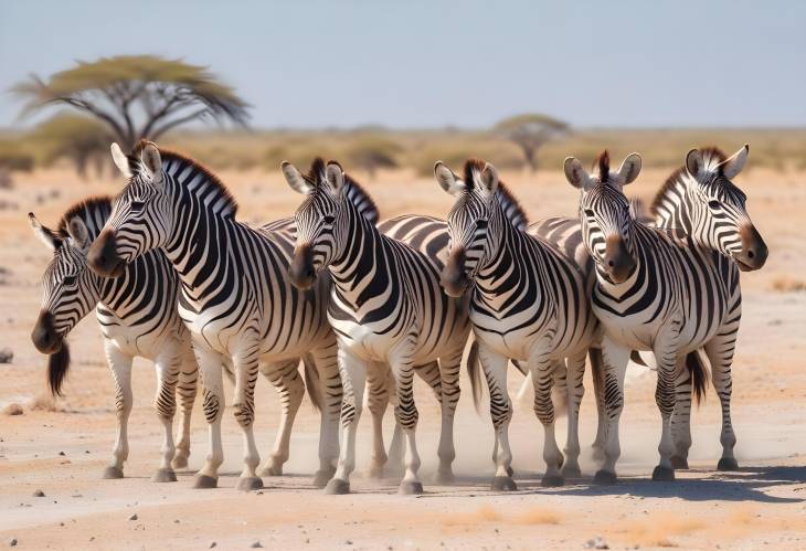 Herd of Zebras in a Row Panoramic Safari Landscape in Etosha National Park, Namibia