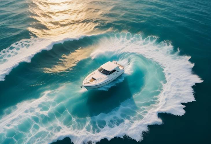 High Detail Aerial Image of a White Boat Anchored in a Turquoise and Azure Whirlpool with Sunlight