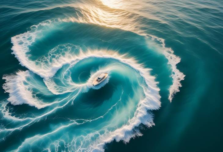 High Detail Aerial View of a Small White Boat Anchored in a Large Turquoise and Azure Whirlpool