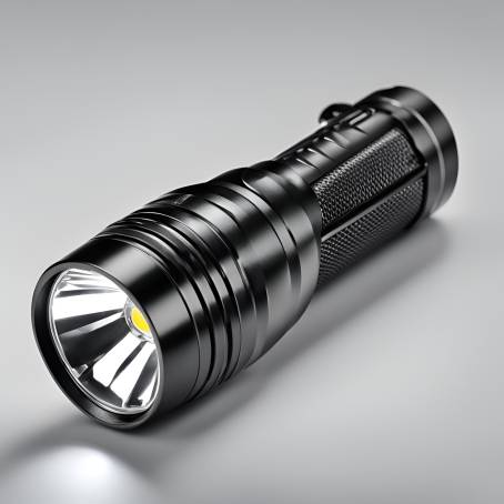 High Detail Close Up of LED Flashlight Silver and Black Handle, Black Plastic Head on White