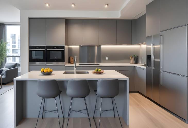 High End Grey Kitchen with Stainless Steel Appliances in Elegant Luxury Apartment