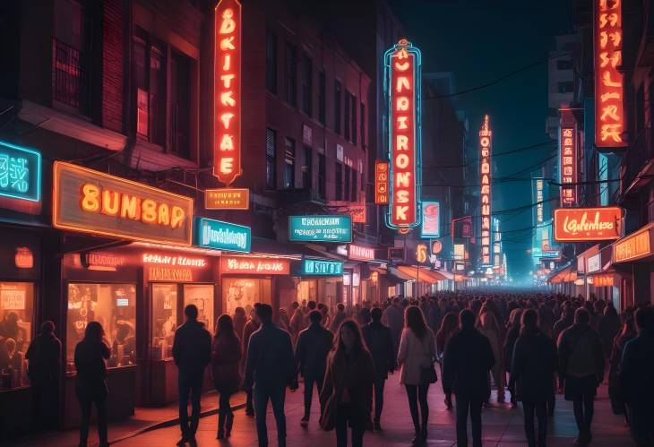 High Energy Urban Nightlife with Neon Signs, Crowded Streets, and Vibrant City Lights