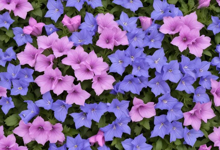 High Quality Campanula Flower Bed with Blue and Pink Flowers Cut Out on White Background