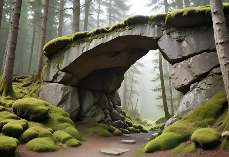 High Quality Cut out of Natural Rock Arch in Forest with Mossy Boulder on White Background