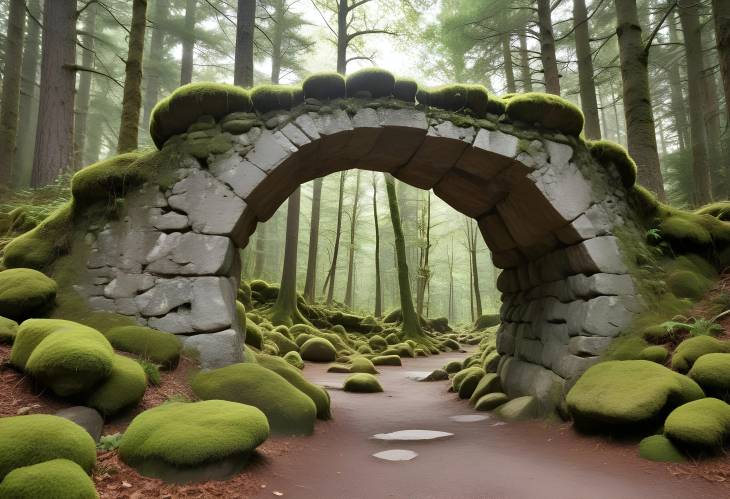 High Quality Cut out of Rock Arch with Moss and Boulder in Forest for Isolated White Background