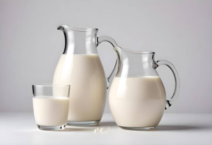 High Quality Milk Glass and Jug Isolated on White  Perfect for Dairy Product Promotions