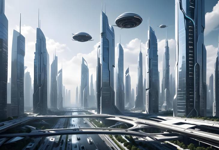 High Tech Cityscape with Futuristic Skyscrapers, Hovering Vehicles, and a Clean,