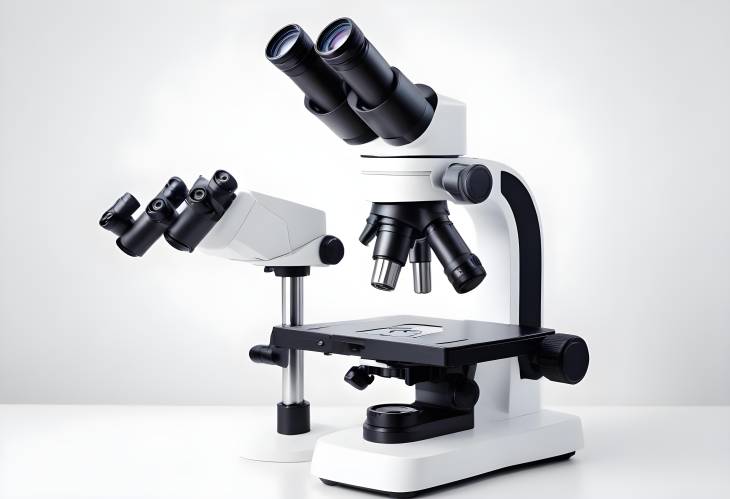 High Tech Modern Microscope on White Precision Medical Equipment for Laboratory Use