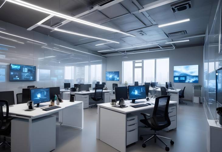 High Tech Office Space with Advanced Computers and Transparent Screens in a Futuristic Design