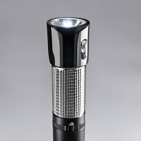 HighDetail LED Flashlight Silver and Black Handle with Black Plastic Torch Head Isolated on White