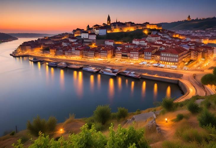 Hill View of Portos Old Town and Douro River at Sunset Portugals Stunning Evening