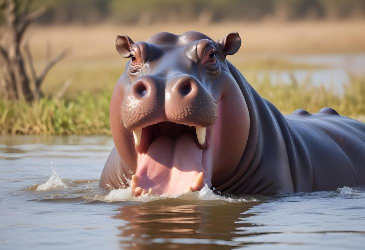 Hippo with Open Mouth and Threatening Posture in Moremi Wildlife Reserve, Botswana