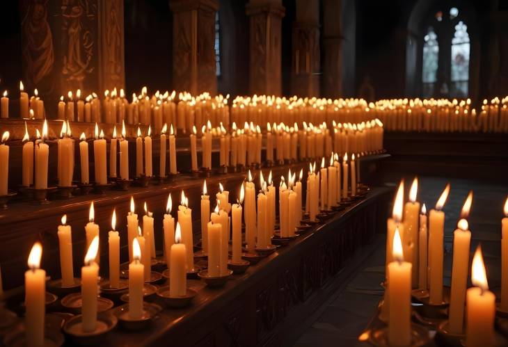 Holy Flames Candles Burning in the Sacred Darkness of an Orthodox Temple