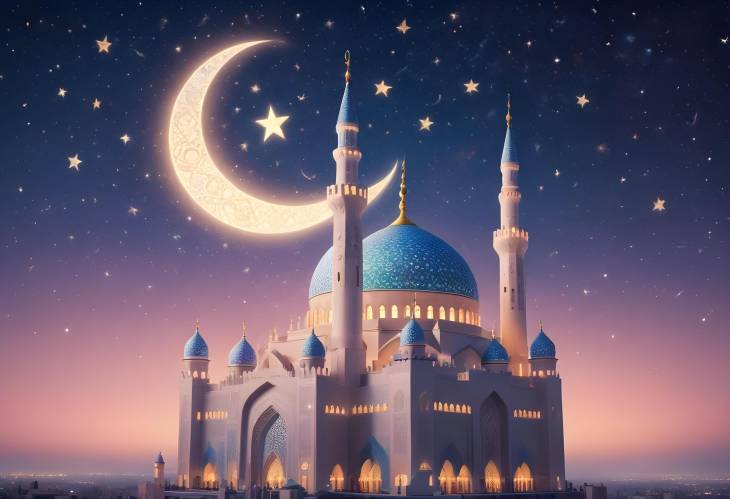 Holy Ramadan Kareem Scene with Mosque and Crescent Moon