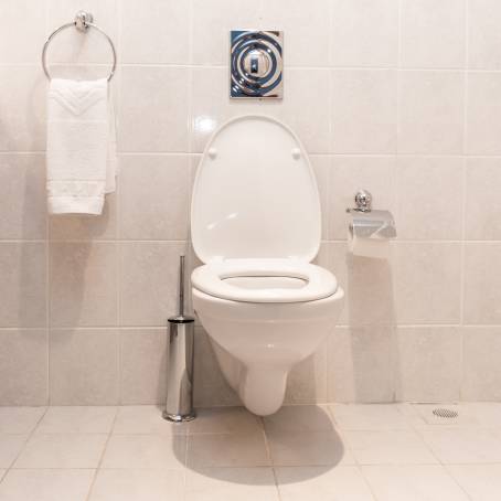 Home Bathroom Design White Ceramic Toilet and Grey Wall