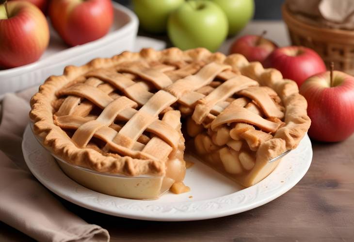 Homemade Apple Pie on Table Close Up with Lattice Crust and Apple Filling