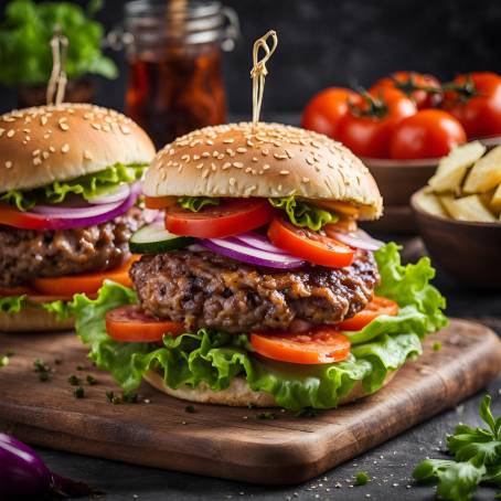 Homemade Burger Perfection Close Up with Fresh Vegetables