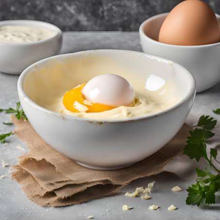 Homemade Mayonnaise in a Bowl with Freshly Broken Egg Ready for Mixing