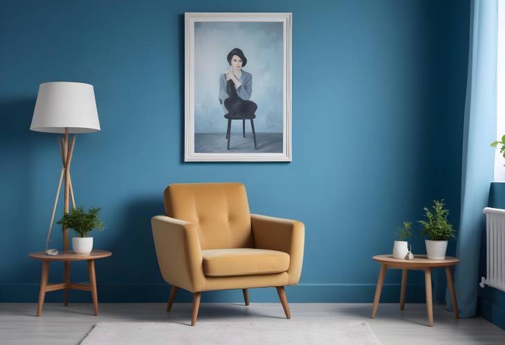 Homey Living Room with Armchair, Picture, and Blue Wall Art