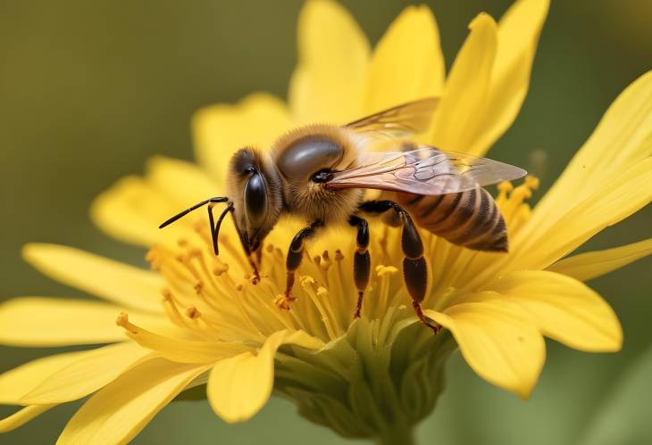 Honeybee in Action on a Bright Yellow Flower CloseUp