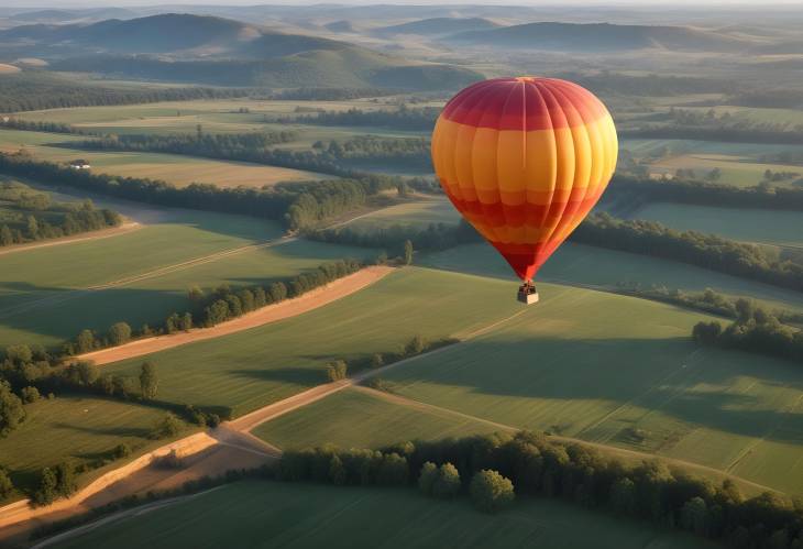 Hot Air Balloon Above Beautiful Country Landscape Aerial View of Rural Charm