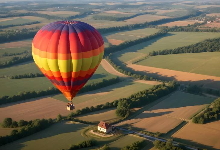 Hot Air Balloon Above Rural Region  Majestic View of Countryside Landscape