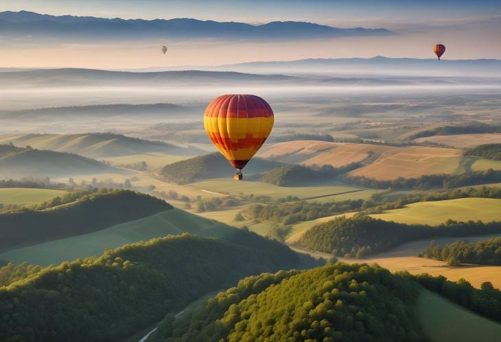 Hot Air Balloon Floating Over Stunning Country Terrain Aerial Perspective of Rural Beauty