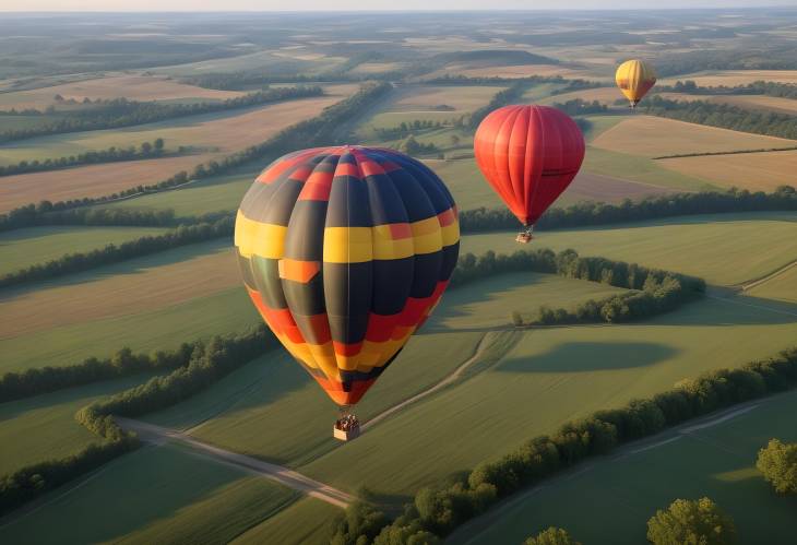 Hot Air Balloon Gliding Over Countryside  Stunning Aerial Views of Nature