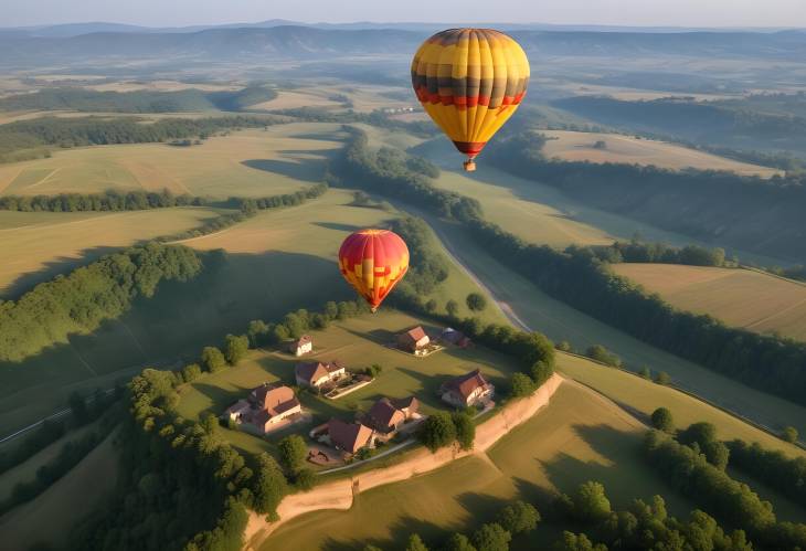 Hot Air Balloon Journey Over Countryside  Majestic Aerial Landscape