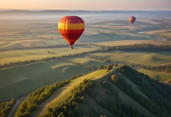 Hot Air Balloon Over Countryside Aerial View of Rolling Hills and Rural Landscape