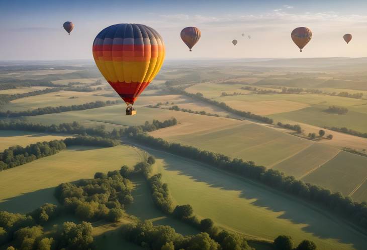 Hot Air Balloon Over Green Fields  Stunning Aerial Perspective