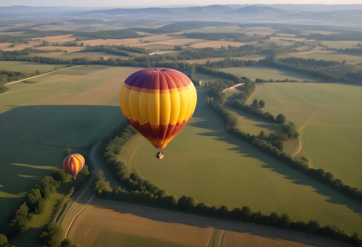 Hot Air Balloon Over Scenic Country Landscape Aerial View of Beautiful Terrain