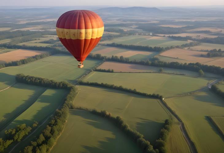 Hot Air Balloon Over Scenic Countryside  Aerial View of Rolling Hills and Fields