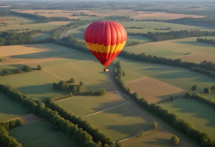 Hot Air Balloon Soaring Above Countryside Landscape  Stunning Aerial Perspective