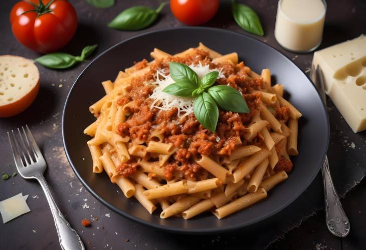 Hot Bolognese Pasta Topped with Parmesan and Basil  Authentic Italian Taste