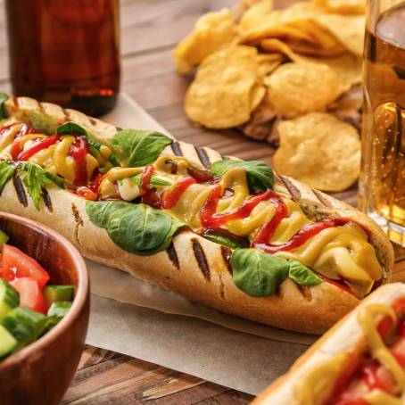 Hot Dog with Mustard and Ketchup, Served with a Glass of Beer