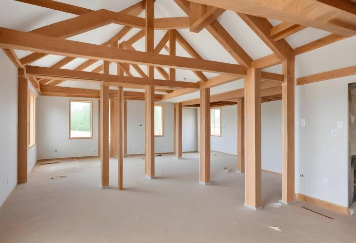 House Construction with Unfinished Interior Wooden Studs and Timber Framing