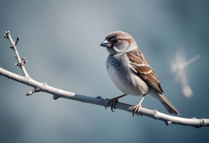 House Sparrow Watercolor Painting, Perched with Flies in Beak, Detailed Digital Art