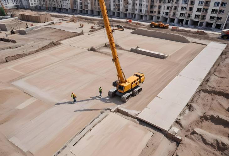 Housing Construction Site with Tower Crane Paving Bricks, Screeding Sand, Concrete Blocks Install