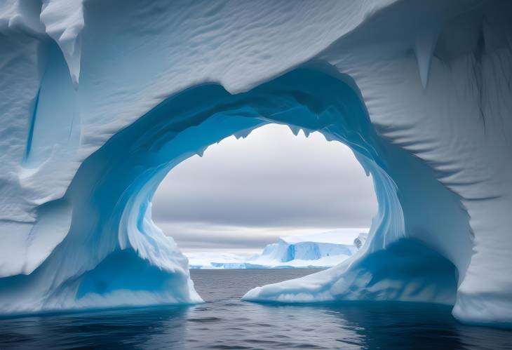 Huge Hole in Melting Iceberg Arctic Glacier Cave with Blue Cold Waters