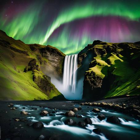 Iceland Skogafoss Waterfall Under Green Aurora Borealis in Nighttime Mountains