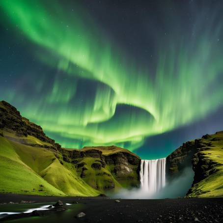 Iceland Skogafoss Waterfall with Night Sky Green Aurora Borealis