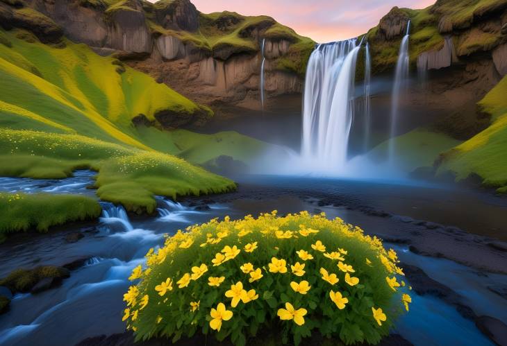 Iceland Sunrise at Seljalandfoss Waterfall Yellow Flowers, Blue Stream, and Breathtaking Natural